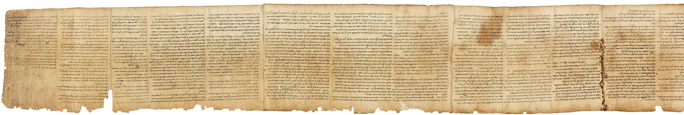 A long strip of the Great Isaiah Scroll showing eight stitched leather sheets covered in columns of Hebrew