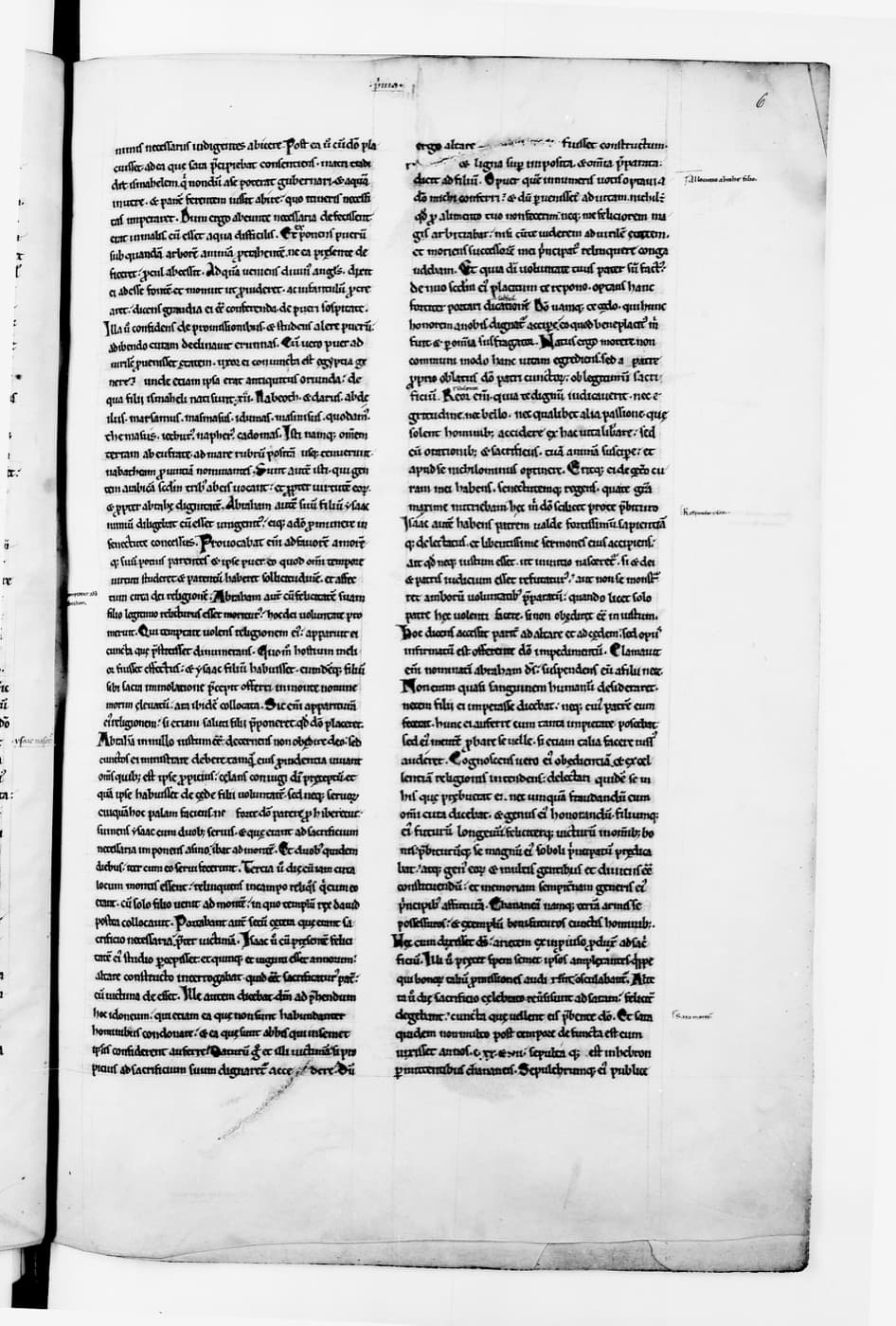 A parchment page of a medieval manuscript with two columns of small Latin handwriting and notes in the margins