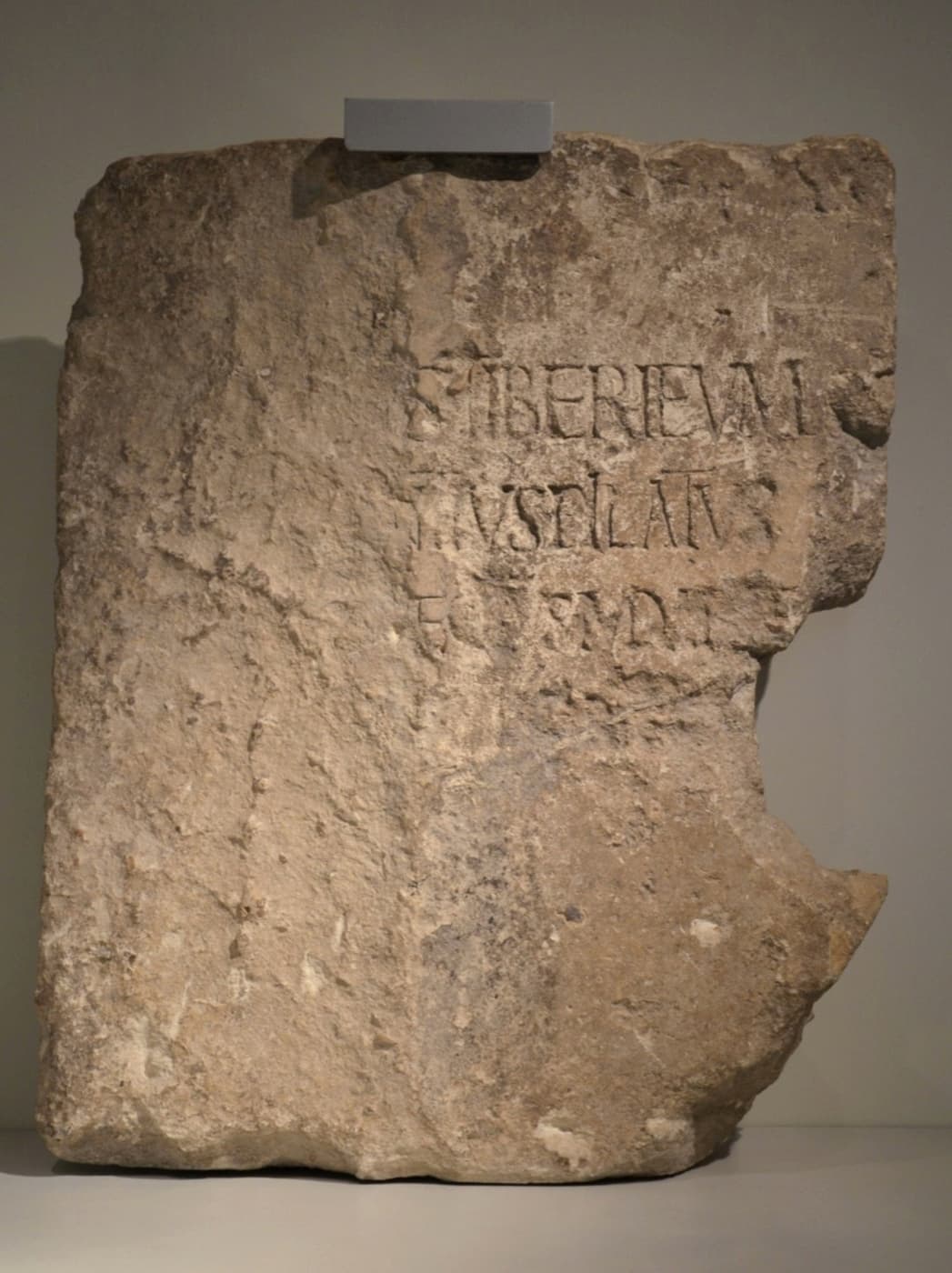 A weathered limestone block with the Latin letters TIBERIEVM and PONTIVS PILATVS carved into it