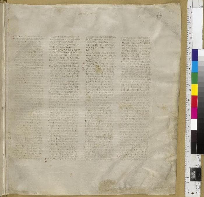 A page of Codex Sinaiticus showing the opening of Matthew in Greek, four columns of uncial script