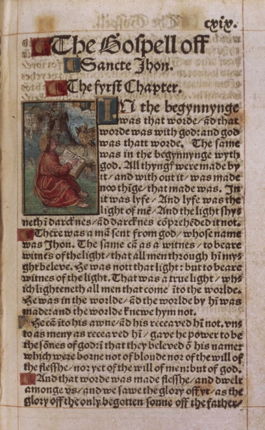 A small printed page in old English black-letter type headed The Gospell off Sancte Jhon, with a woodcut of the evangelist